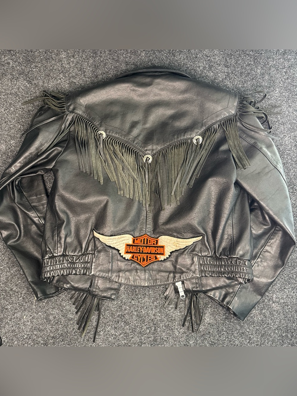 Harley-Davidson-esque Black Leather Fringe Motorcycle Jacket - Picture 2 of 8